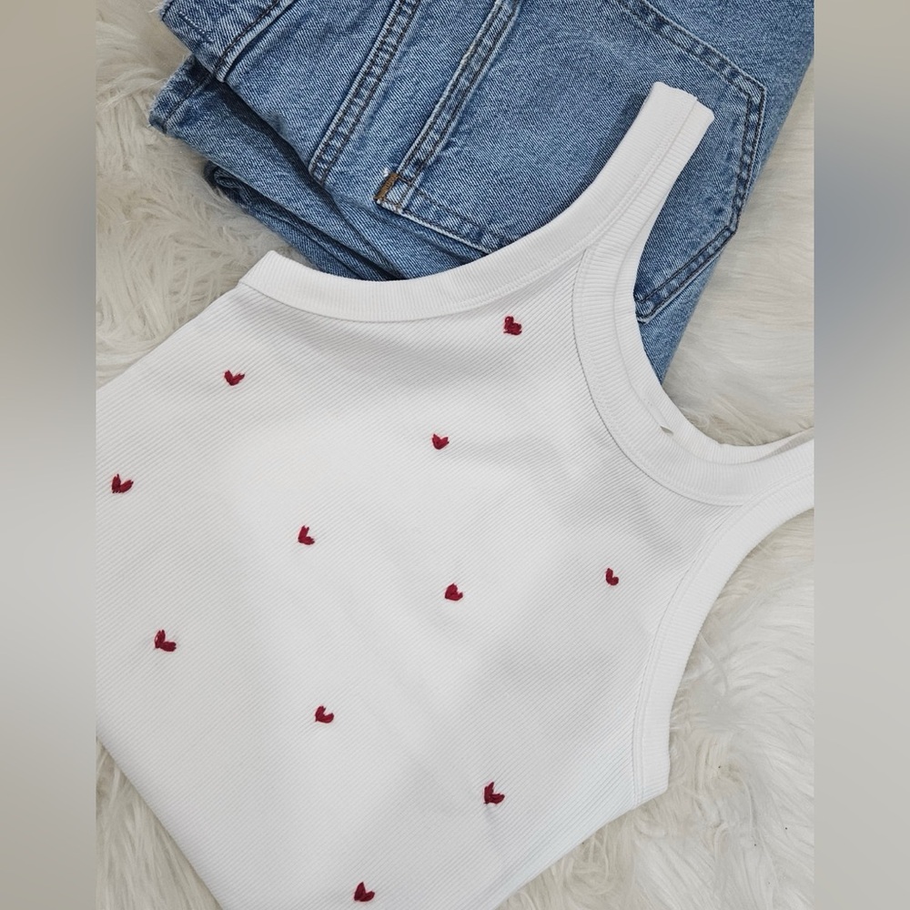 H&M White Tank Top with Red Heart Accents